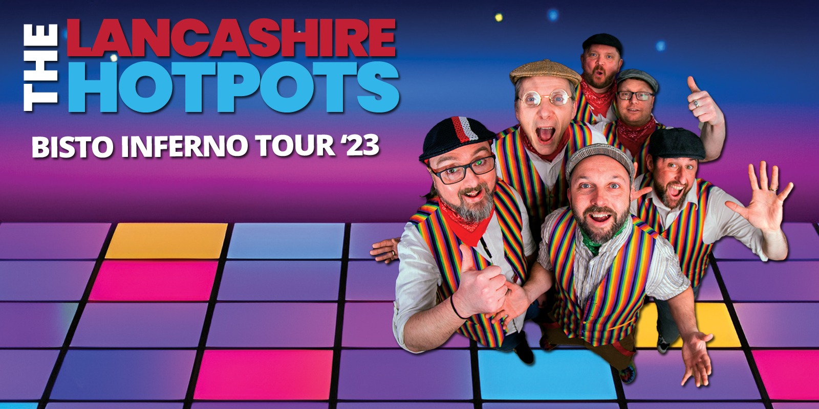 A promotional image of the Lancashire Hotpots for their 2023 Bisto Inferno tour dates