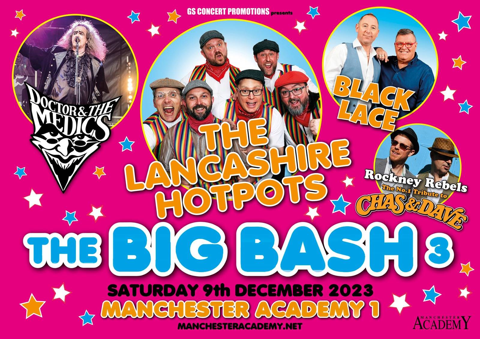 Big Bash 3 promotional image featuring The Lancashire Hotpots, Doctor & The Medics, Black Lace and Rockney Rebels