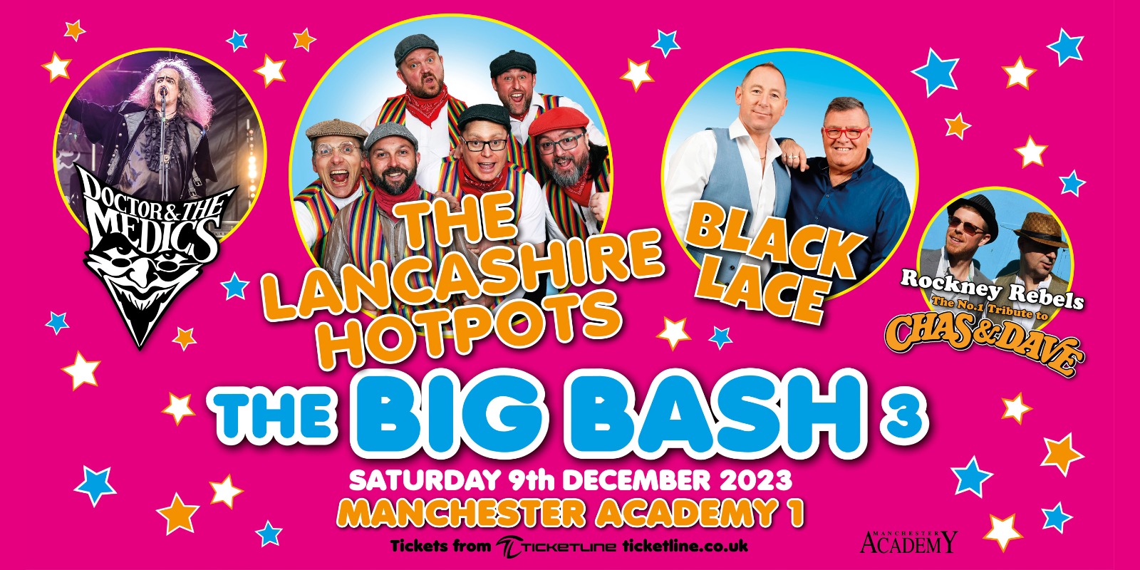 Big Bash 3 promotional image featuring The Lancashire Hotpots, Doctor & The Medics, Black Lace and Rockney Rebels